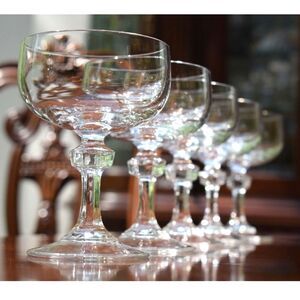 Set of 5 Mid Century Crystal Champagne Coupes - Faceted Stem Cocktail Glasses